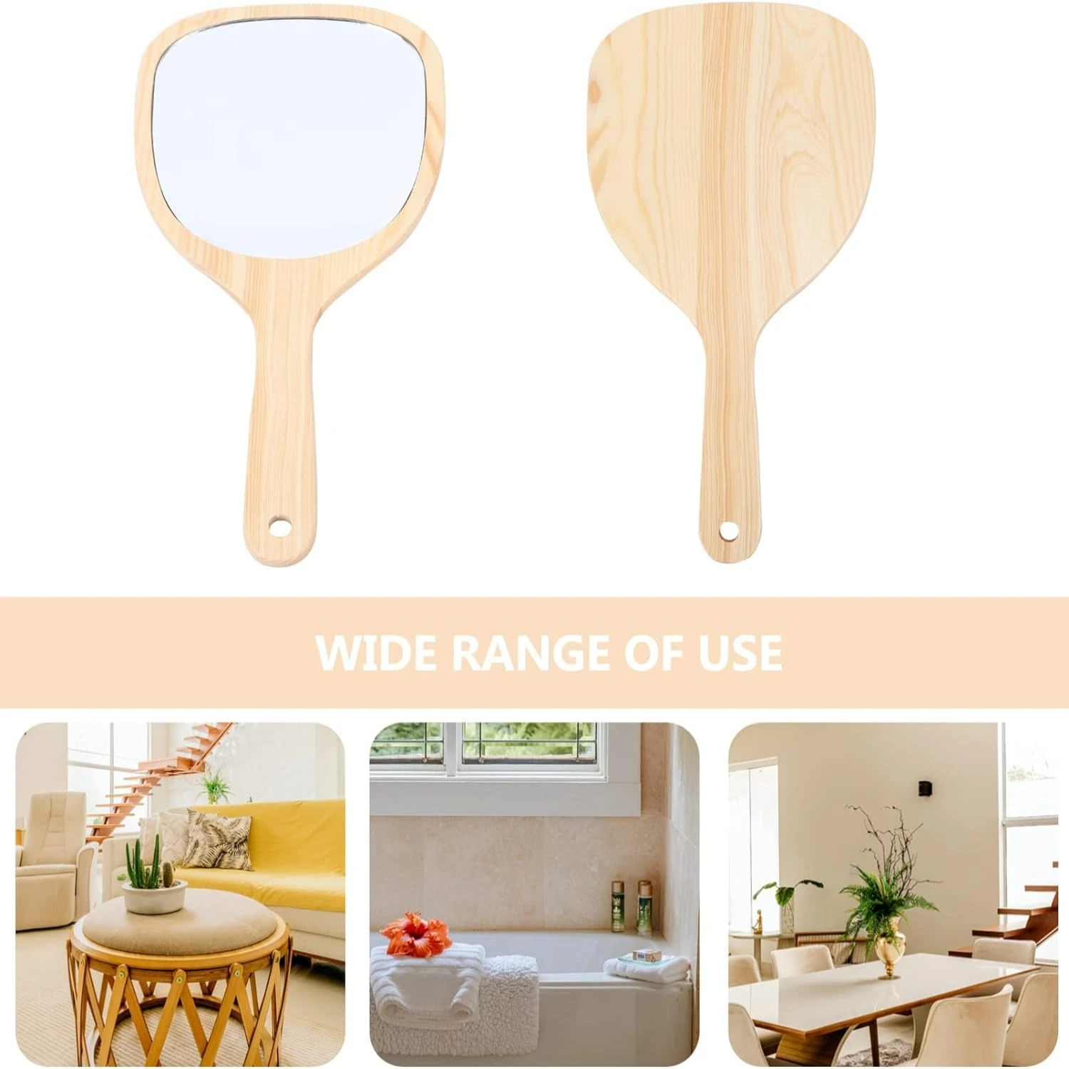 Wooden Handheld Makeup Mirror for Women, Medium Varnish Finish, Ideal for Salon, Travel & Bathroom Use, Wall-Mounted Option for