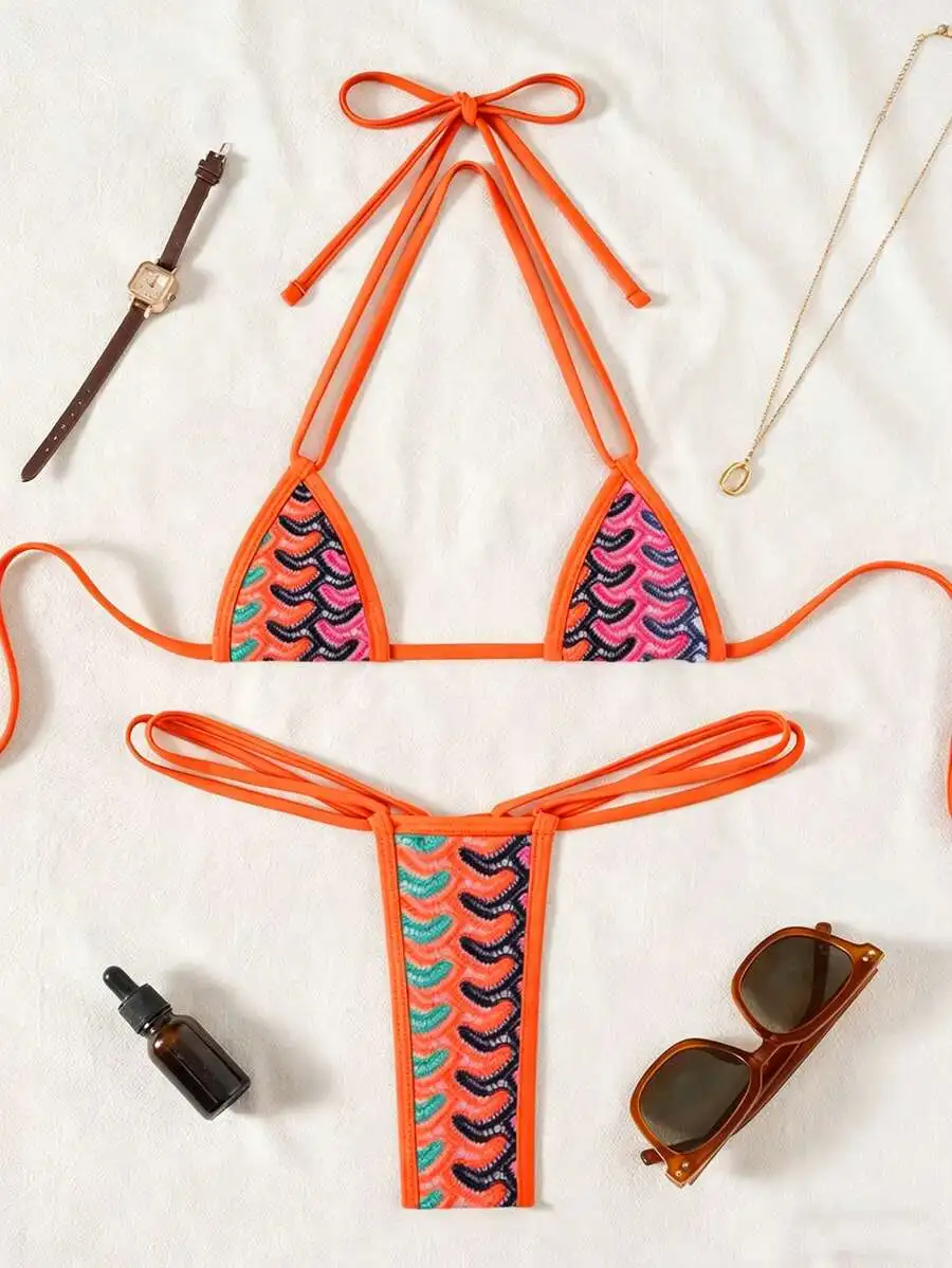 

2pcs Summer Textured Micro Triangle Halter Bikini Set For Beach Pool Vacation