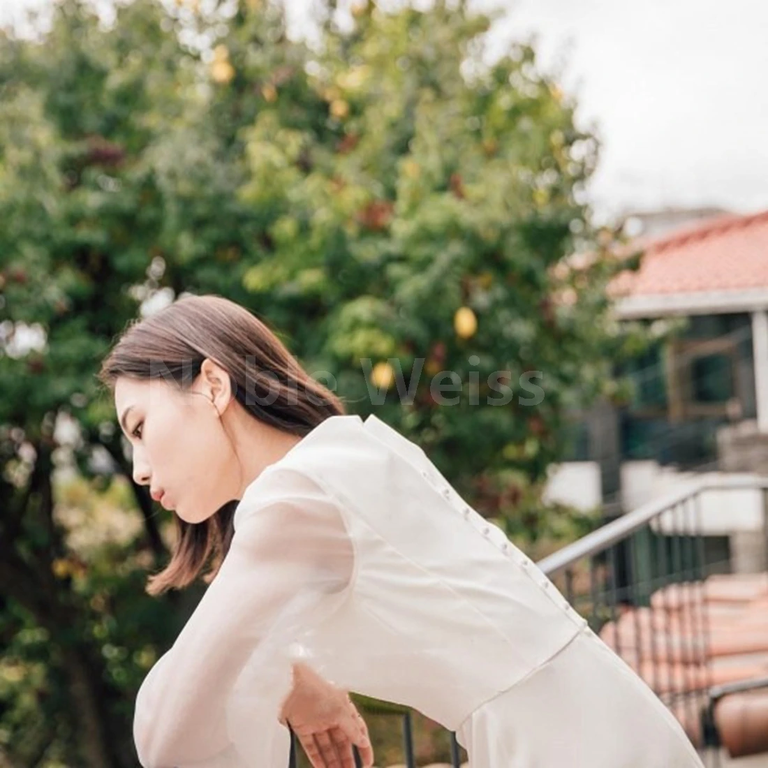 New Arrival V-Neck Chiffon A-Line Wedding Dress with Button Long Sleeves Customized