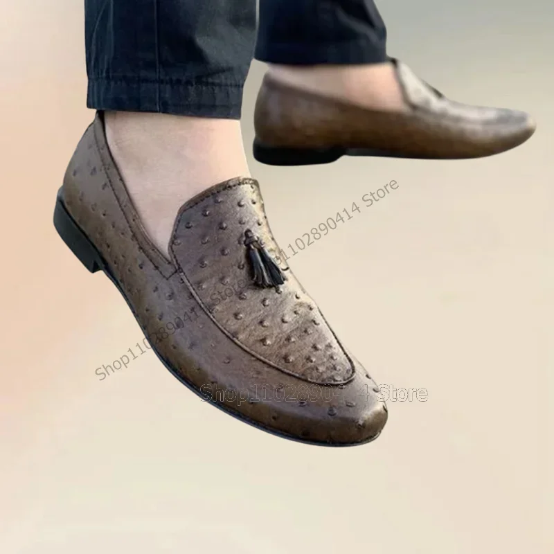 Marrom avestruz impressão borlas decoração mocassins masculinos moda deslizamento em sapatos masculinos luxuoso artesanal festa banquete sapatos casuais