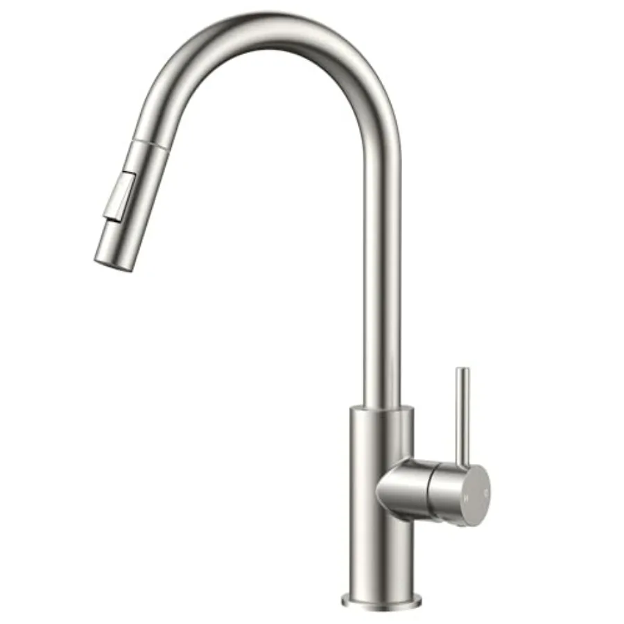 

Modern Brushed Nickel Kitchen Faucet with Pull Down Sprayer for Contemporary Sink Design High Arc Gooseneck Style Stainless Ste