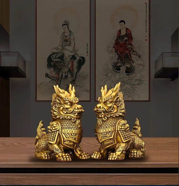 1pair High Quality Feng Shui Lucky Copper Animal Unicorn Home Office Ornaments Desk Decor