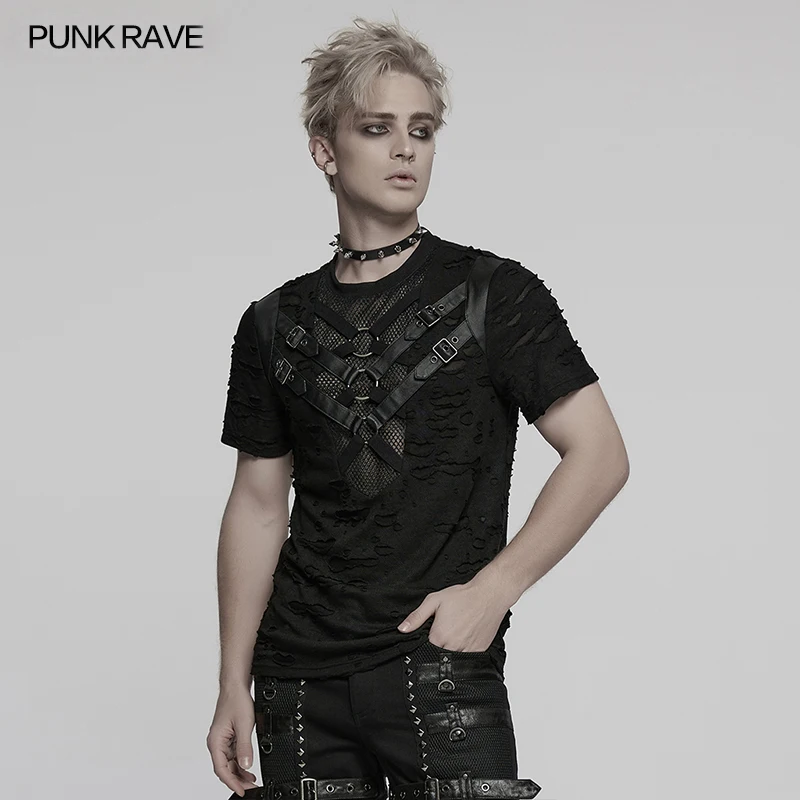 PUNK RAVE Men's Punk Tattered Mesh &rubberized Visual T-shirt Metal Rings Webbing Segmentation Streetwear Cool Handsome Tops
