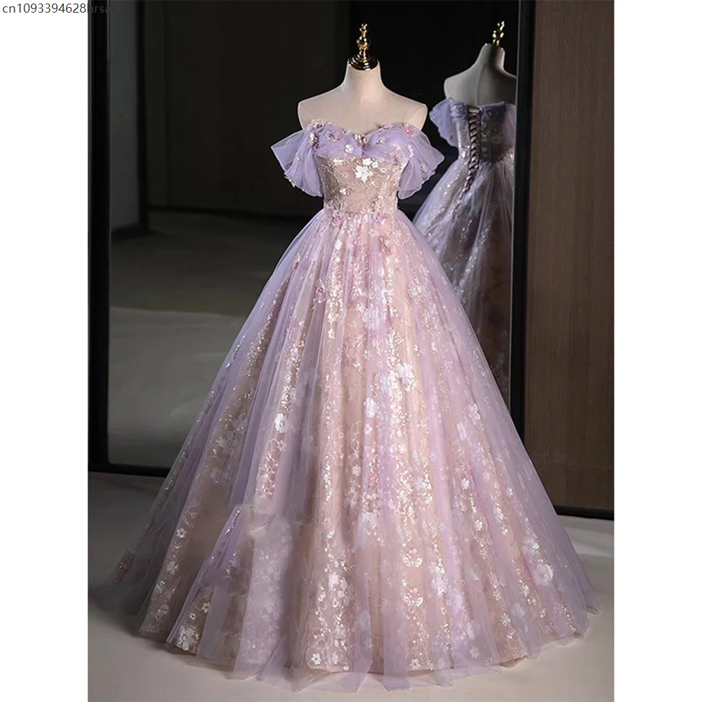 

Luxury Pink Purple Evening Dress Women Sweet Pleated Off The Shoulder Flower Applique Prom Gown Sequins A-Line Vestido
