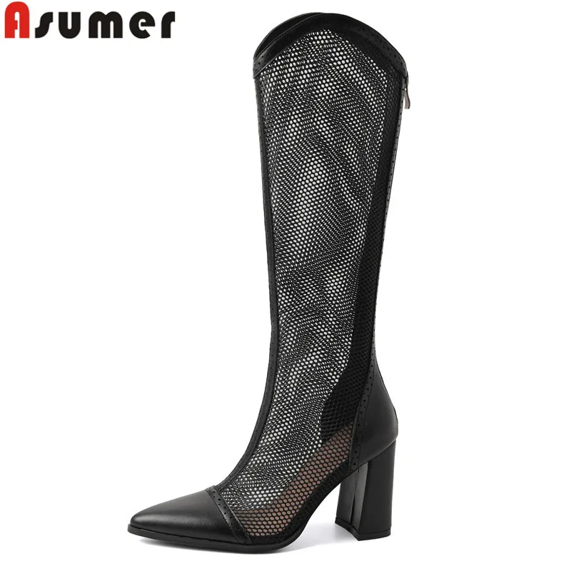 ASUMER 2024 Mesh Hollow Cool Boots Women Shoes Pointed Toe Thick High Heels Fashion Spring Summer Ladies Knee High Boots Shoes