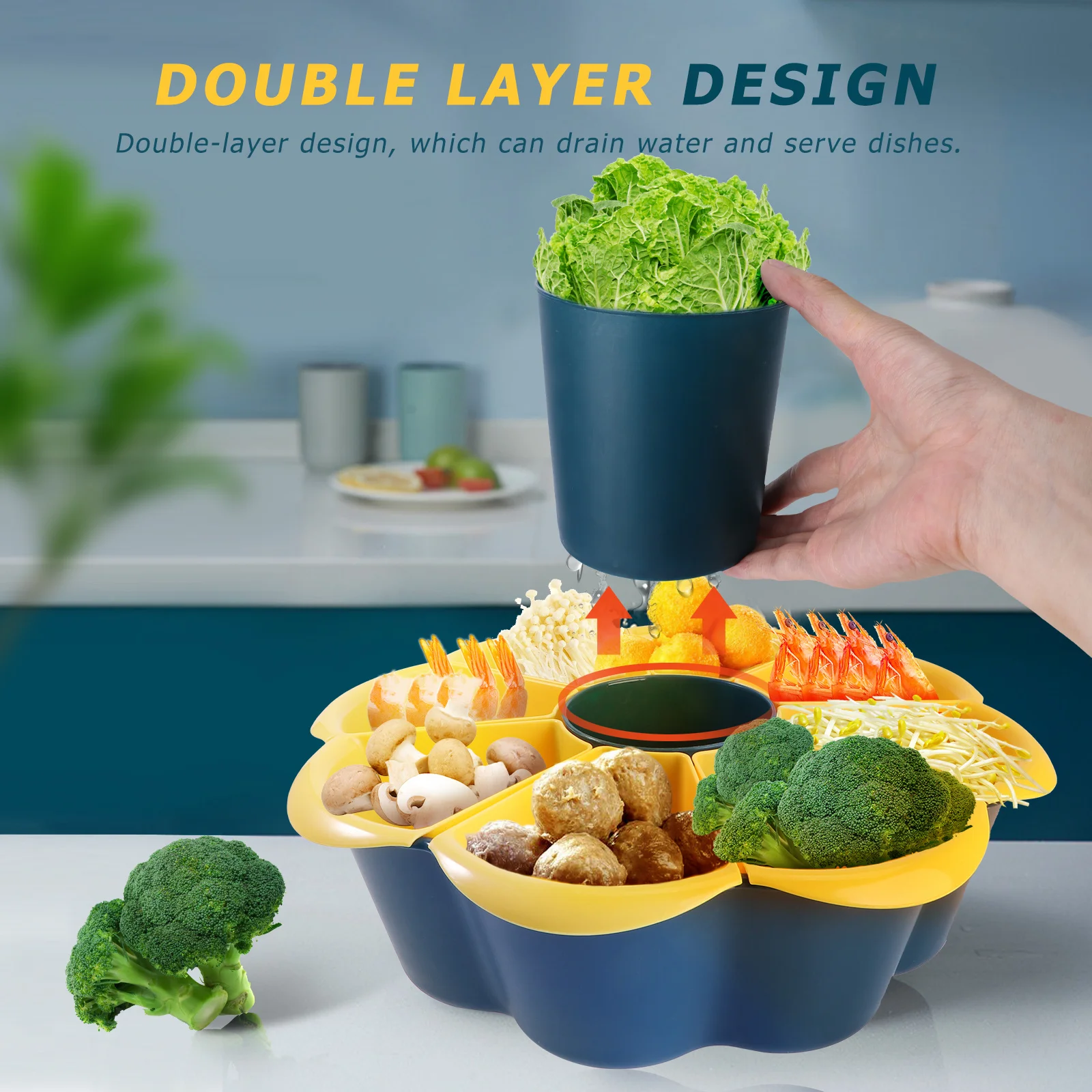 

1 шт., тарелка для овощей, корзина для фруктов, съемный вращающийся сливной поддон, кухонный органайзер для хранения, яркий ресторан