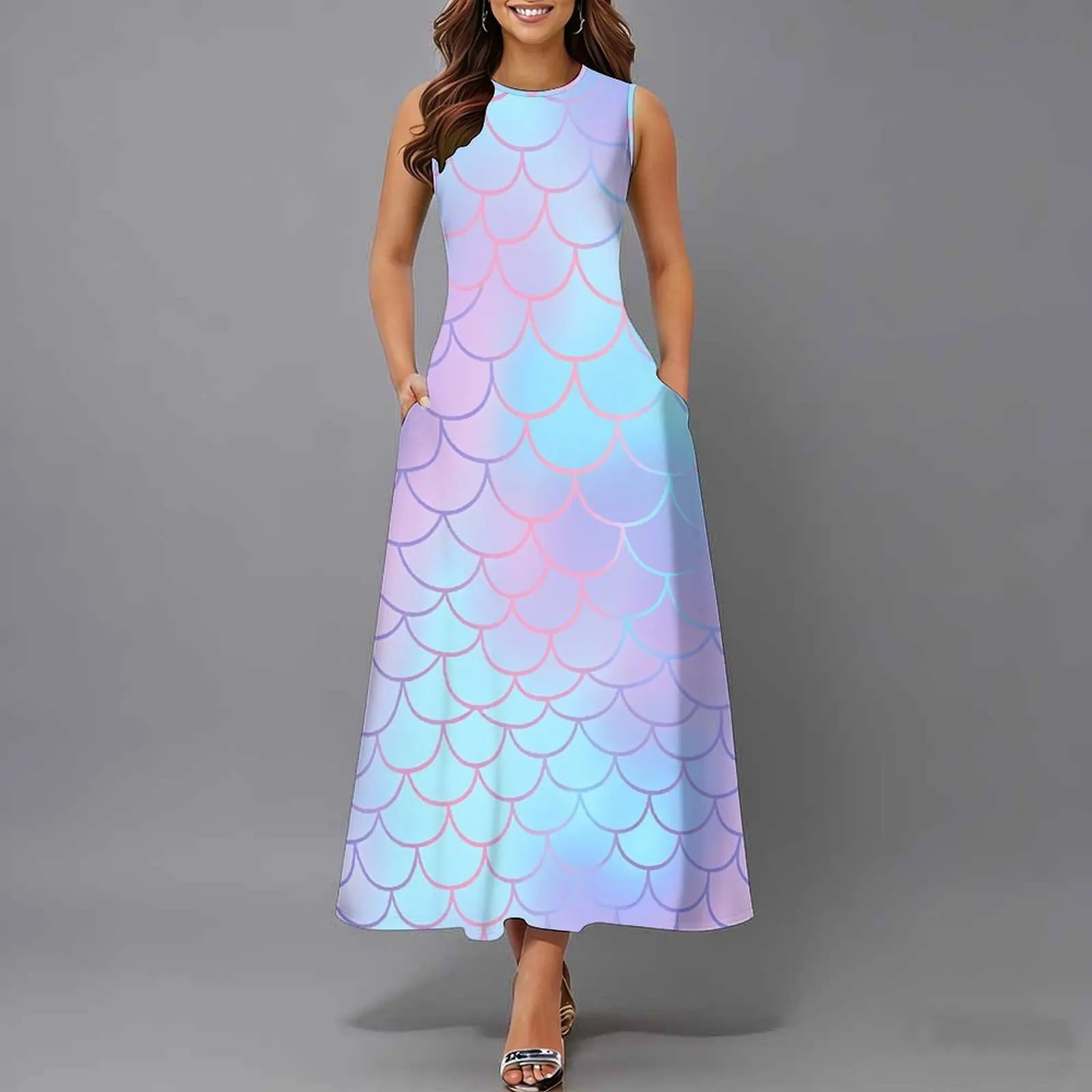 Women Sleeveless Long Maxi Dress With Pockets 3D Oil Painting Print Casual Loose Summer Vacation Party Sundress