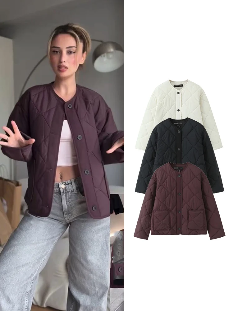

Autumn New Women's Round Collar Quilted Cotton Coats Simple Versatile Long Sleeve Single Breasted Jacket Thin Cotton Coat