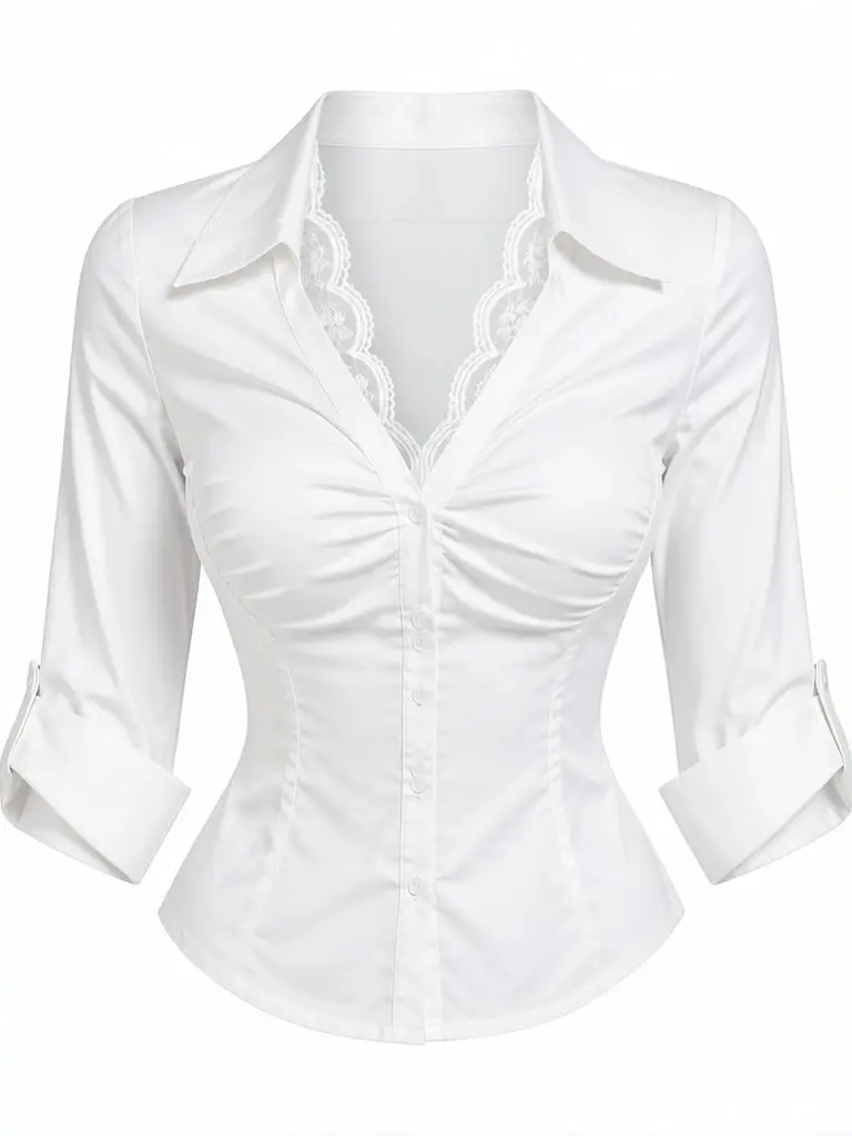 Sexy Lace Top V Neck White Shirt Women Slim Fitted Long Sleeve Business Basic Blouse Skinny Button Up Shirts Spring Fall Outwear