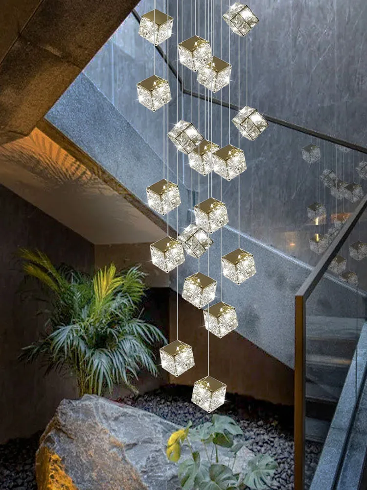 Square Crystal Modern Chandelier for Living Room Lobby Ceiling Luxury Loft Hanging Light Villa LED Lighting Staircase Chandelier