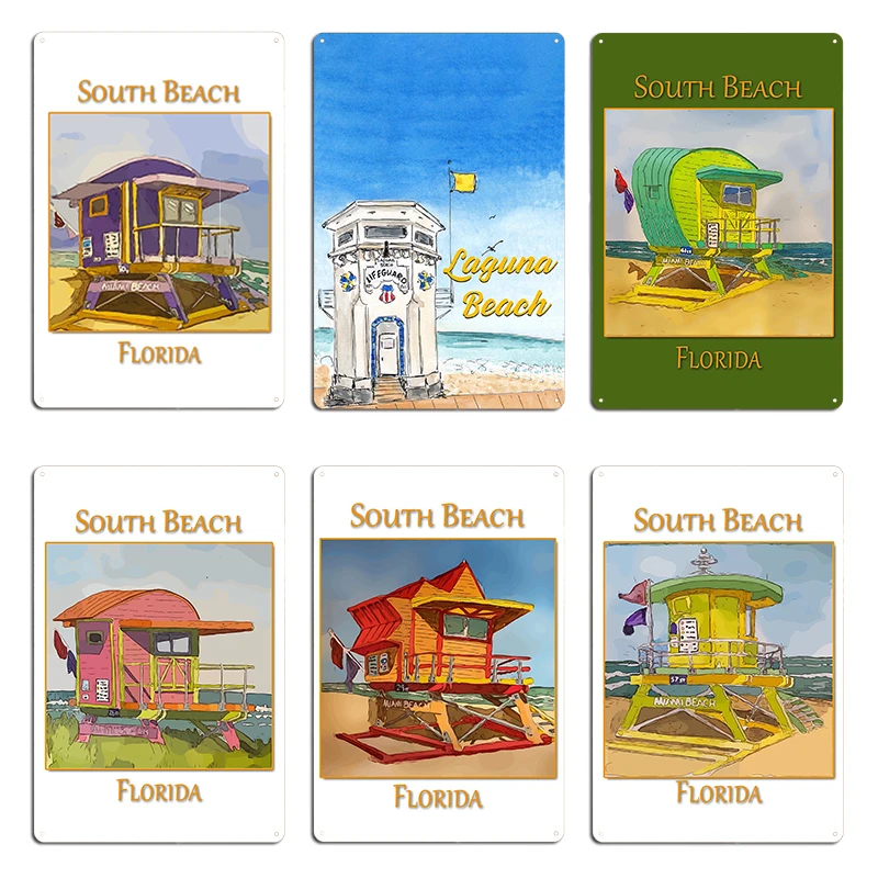 Laguna Beach Lifeguard Tower California Cute Lifeguard tower in South Beach Miami Florida Metal Wall Decor Tin Sign Poster