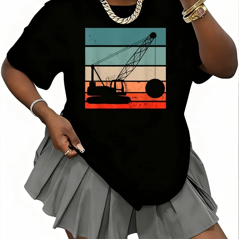 Retro Wrecking Ball Crane Vintage Construction Crane Women's 100% Cotton T-Shirt Fun Print Short Sleeve Top Casual Round Neck Tee S-5Xl