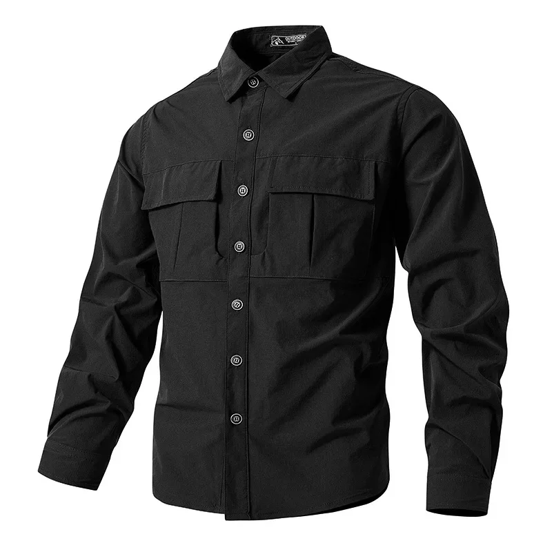 Immagine 3: Camicie da trekking tattiche da uomo, a maniche lunghe, stile cargo, camicie da lavoro, camicie estive per attività all’aperto, ad asciugatura rapida, camicie da caccia, con molteplici tasche, impermeabili.
