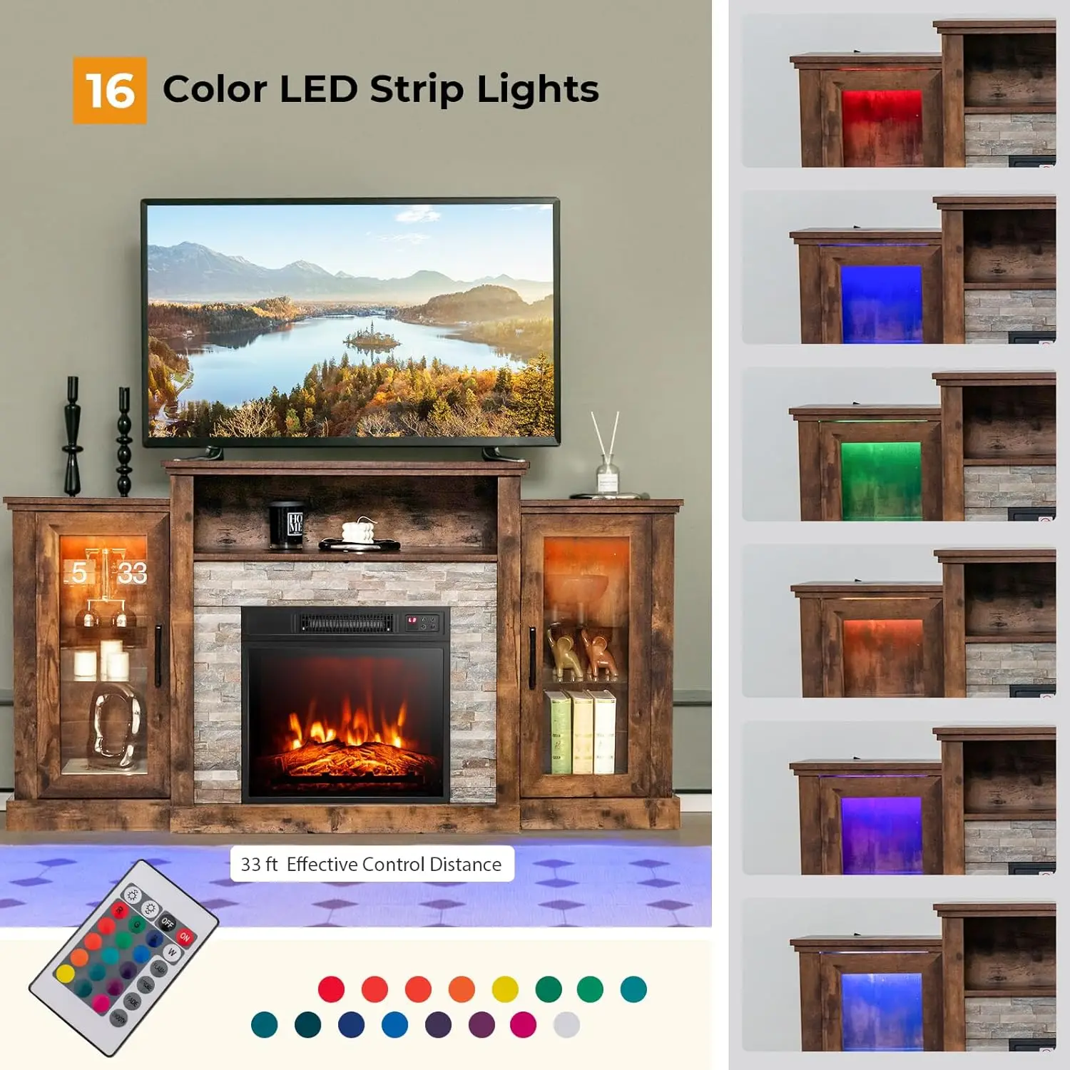 Electric Fireplace TV Stand, Electric Fireplace Mantel with 16-Color Led Lights, Adjustable Glass Shelves, Remote & Smart