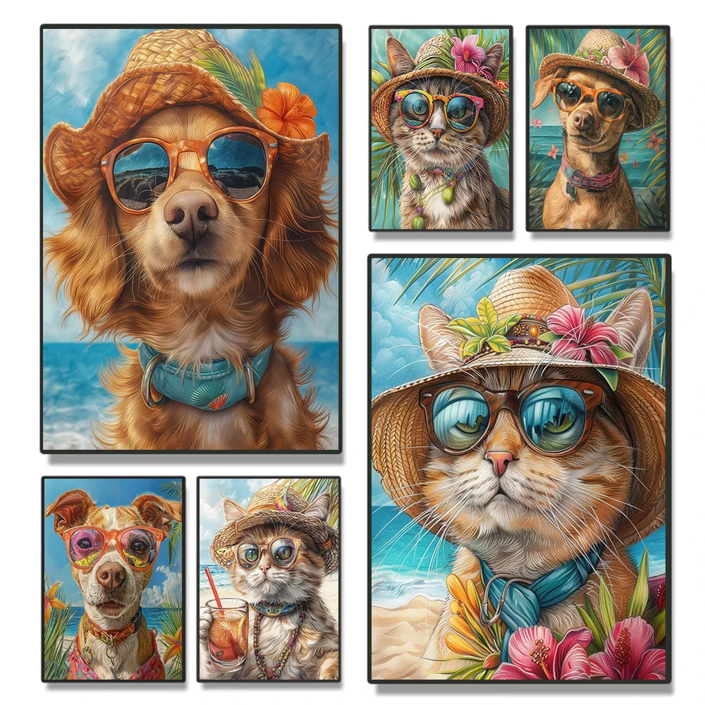 

Funny Dog Cat On Vacation In Hawaii Beach Poster Prints For Living Room Home Decor Summer Animals Canvas Painting Wall Art