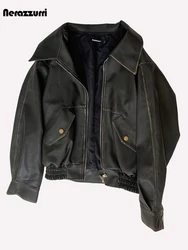 Nerazzurri Spring Autumn Short Washed Distressed Black Faux Leather Jacket Men Turn-down Collar Luxury Designer Emo Clothes 2024