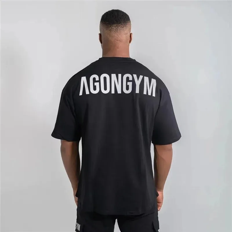 Gym Fitness Agongym Bodybuilding Oversized Loose T-shirt Cotton Men's Muscle Short Sleeve Gym Men's Running Exercise T-shirt Top