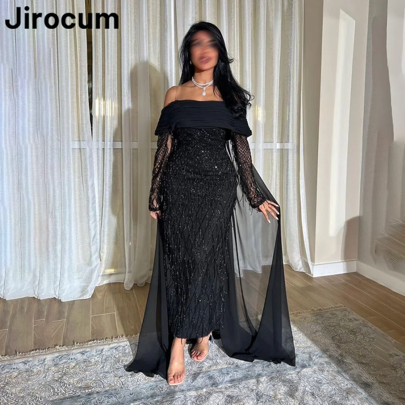 Jirocum Luxury Mermaid Black Prom Dress Women Off Shoulder Beaded customized Evening Dresses Ankle Length Formal Occasion Gowns