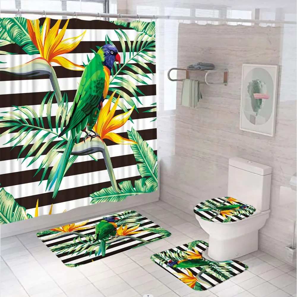 Parrot Toucan Shower Curtain Sets Tropical Bird Animal Flower Leaves Fabric Bathroom Curtains Non-Slip Bath Mat Rug Toilet Cover