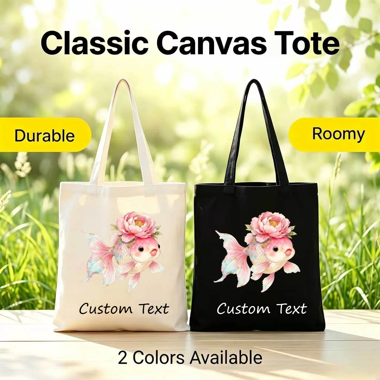 1PC Custom Text Canvas Tote Bag, Cute Watercolor Goldfish With Peony Flower Print Casual Reusable Shoulder Shopping Bag