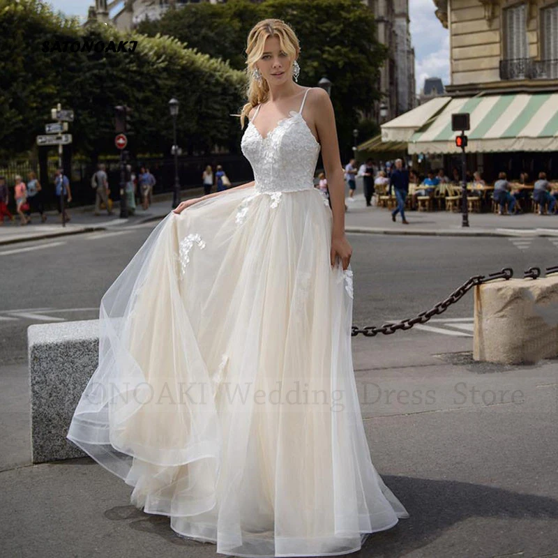 Elegante vestido de noiva com decote em v para mulheres, cintas de espaguete, linha A, vestido de noiva sem costas