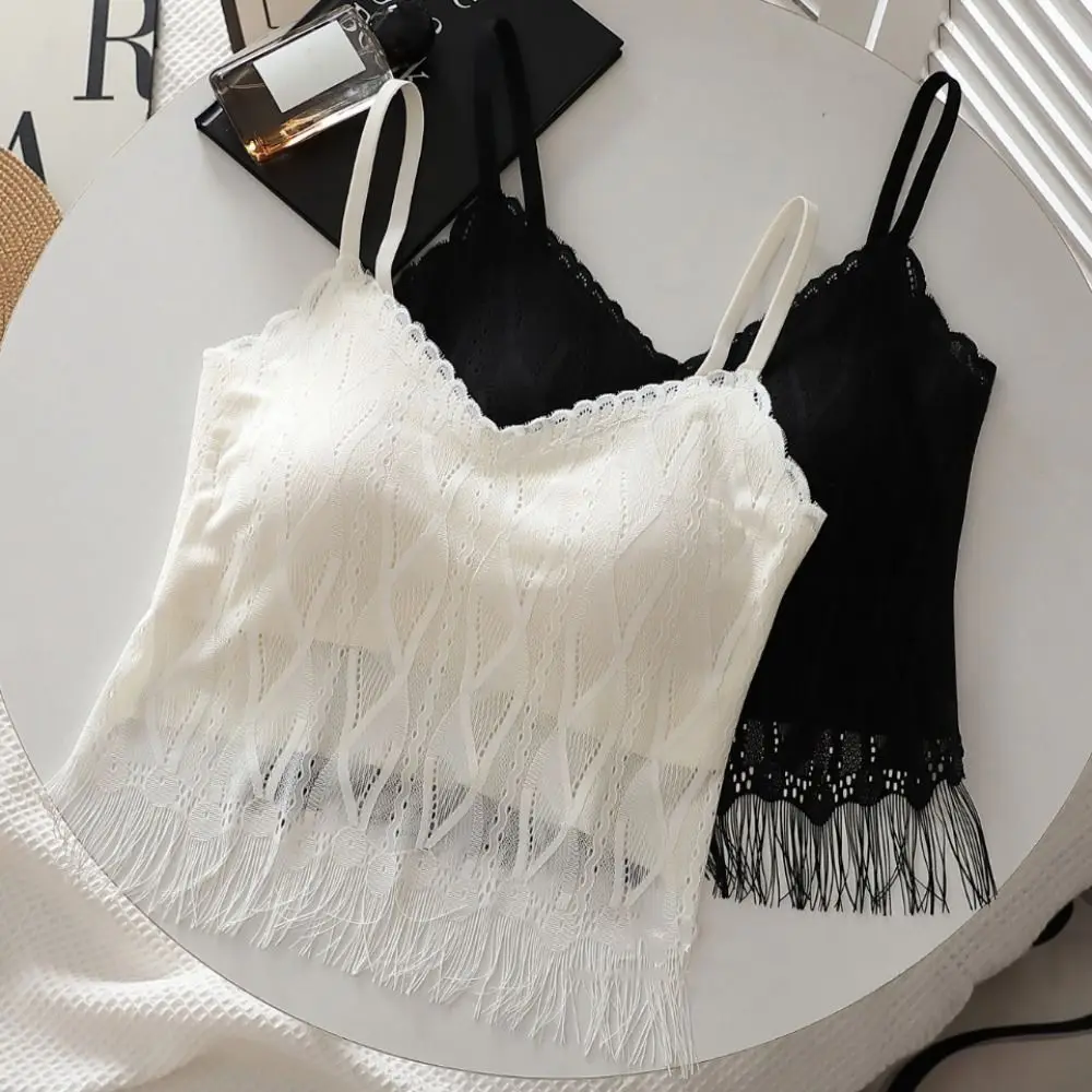 Breathable Tassel Lace Mesh Camisole Sleeveless Deep V Lace Crop Top Seamless Thin Suspender Vest with Pads Streetwear