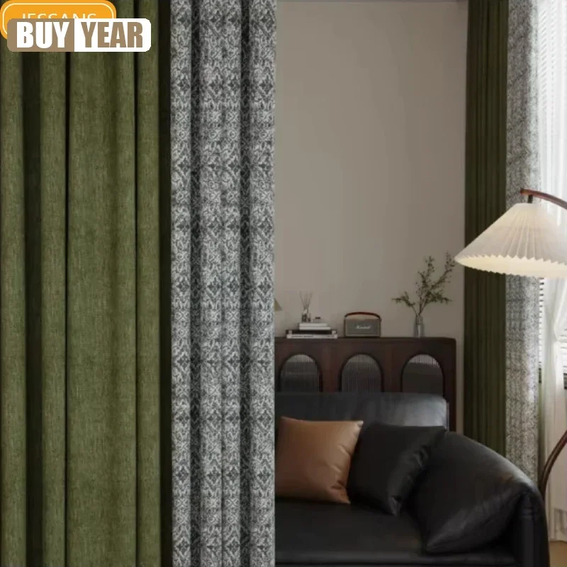 French Retro Dark Green Thickened Jacquard Chenille Patched Curtains for Living Room Bedroom French Window Balcony Customized