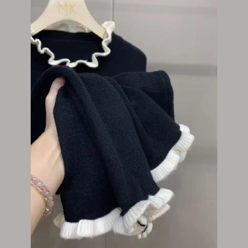 

Women's Knitting Dress Fall Winter French Style Elegant Temperament Contrast Color Patchwork O-Neck Knitted Dresses