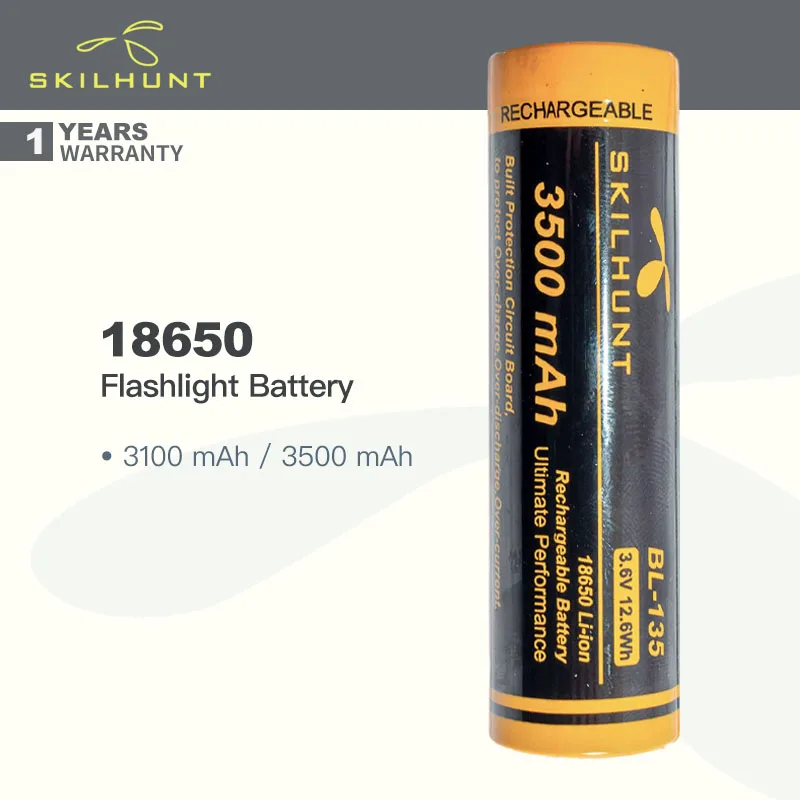 

Skilhunt 18650 Rechargeable Flashlight Battery, Available in 3100mAh / 3500mAh, Continuous Discharge, Short-circuit Protection