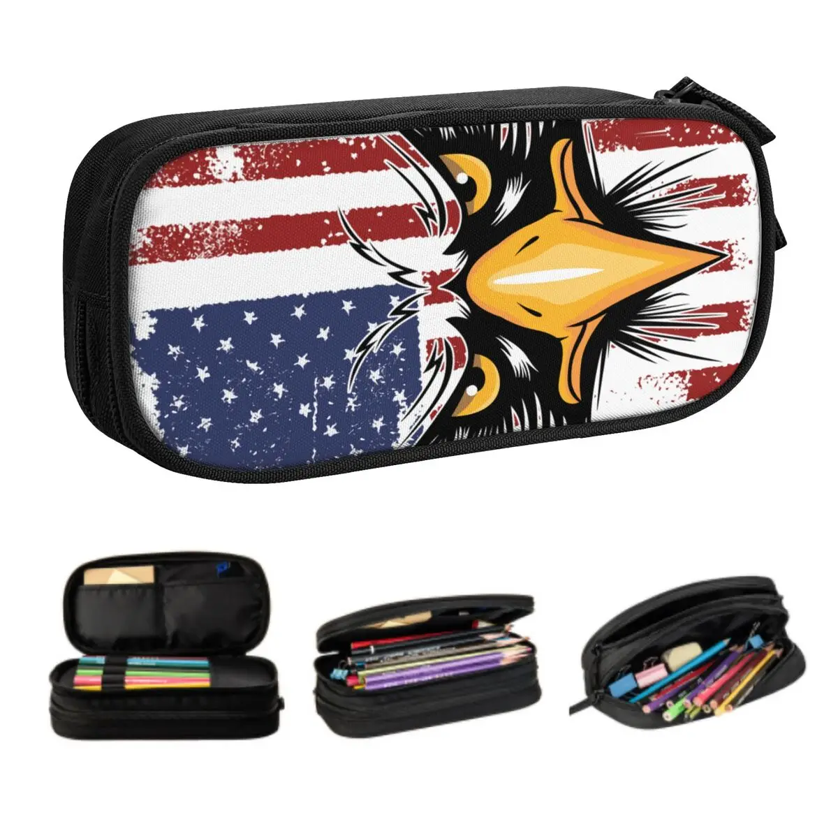 Custom American Eagle Flag Cute Pencil Cases Boy Girl Large Capacity USA Patriotic Pencil Pouch Students Stationery