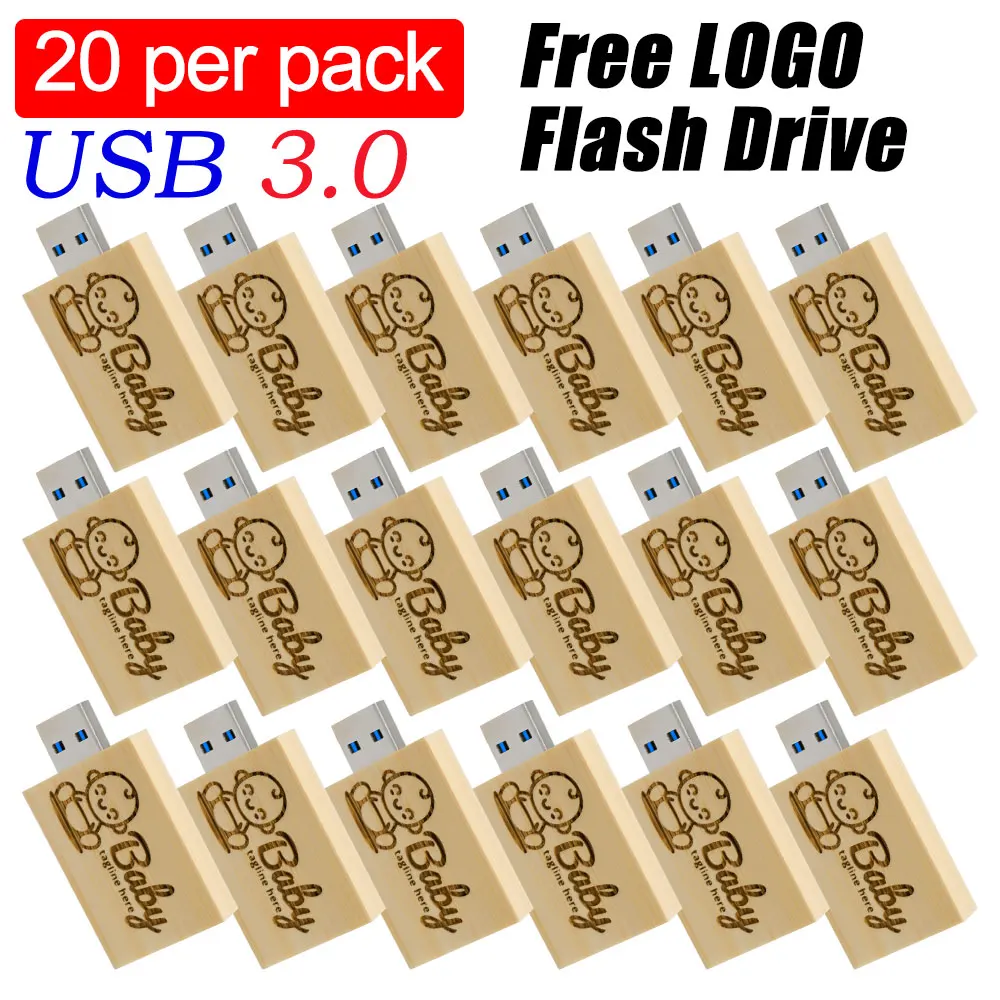 20PCS/LOT Wooden USB 3.0 Flash Drives 128GB High speed Pen drive 64GB 32GB with Box Memory Stick Creative gift U disk for Laptop