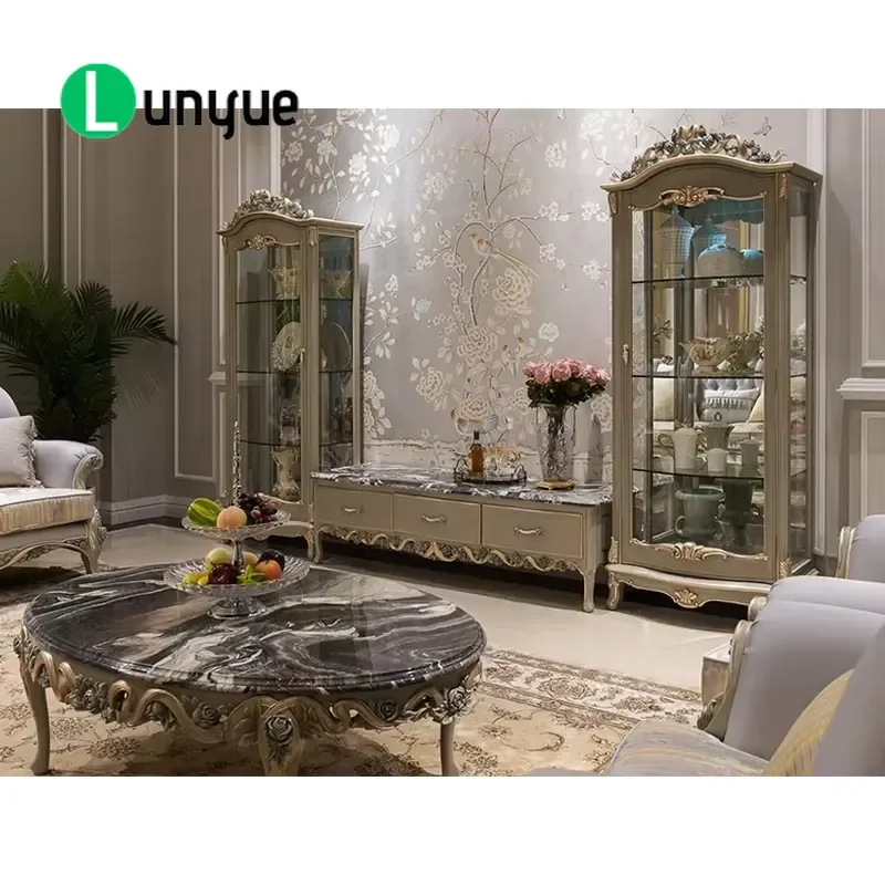 Luxury Antique Solid Wood TV Cabinet Retro Classic Fancy Design Imported Wooden Media Console for Living Room Furniture