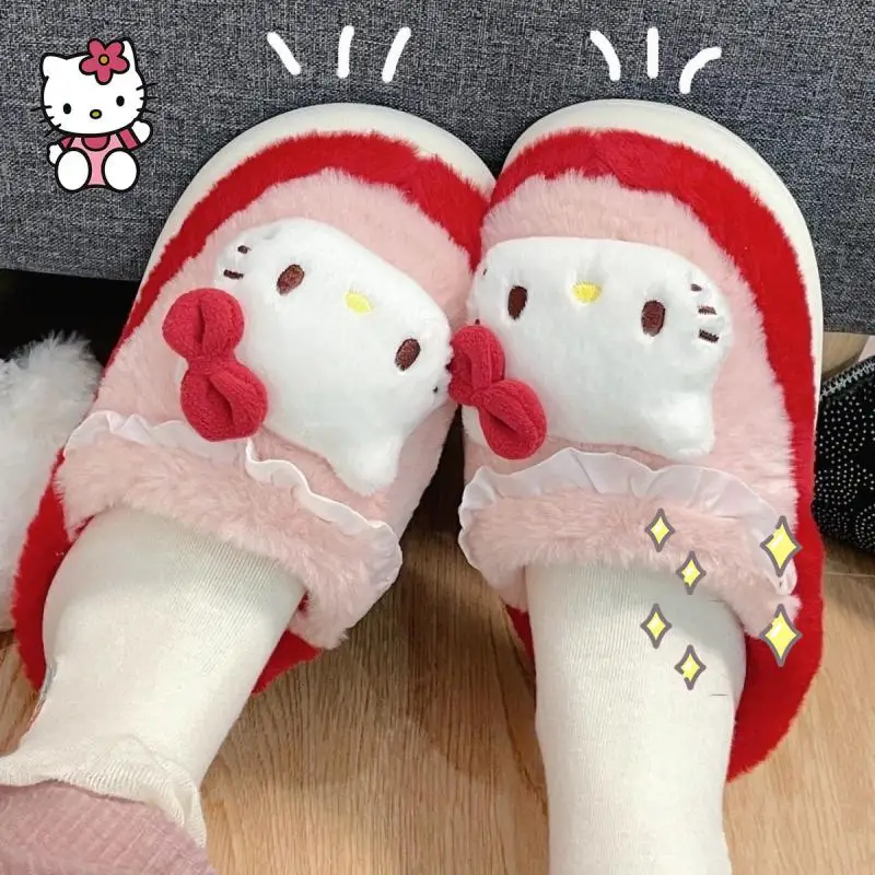 Sanrioed Hello Kittys Cotton Slippers Kuromi My Melody Cinnamoroll Ladies Winter Indoor Home Kawaii Round Toe Flat Warm Slippers