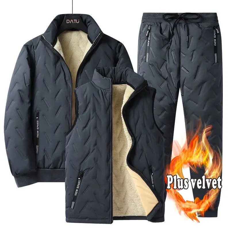 الخريف والشتاء جديد الرجال الحرارية ثلاث قطع مجموعة الوقوف طوق صوف الضأن سترة سترة سترة السراويل بالموجات فوق الصوتية