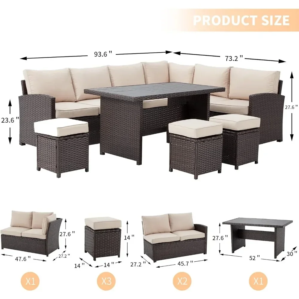 7 Pieces Patio Furniture Set, Outdoor Sectional Sofa Conversation Set, All Weather Wicker Rattan Couch Dining Table & Chair image 2