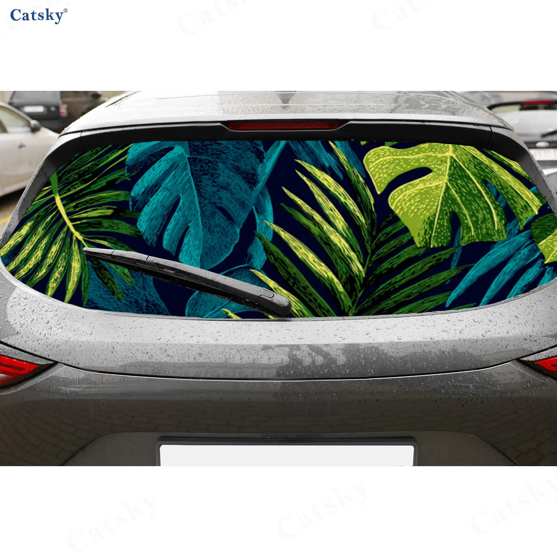 

Tropical Green Plants Fresh Natural PVC Perforated Car Vinyl Wraps, Durable Car Rear Windshield Sticker, Waterproof Car Rear Win