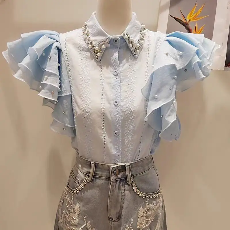 2025 New Irregular Heavy Industry Diamond-encrusted Summer Short Bubble Sleeve Shirt Ruffle Leaf Fashion Top Shirt For Women