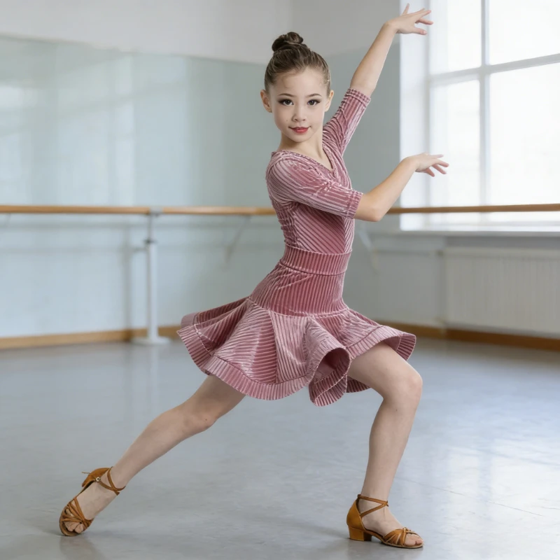 

Girls Kids Latin Dance Dress Autumn Winter Warm Practice Wear Professional Competition Exam Stage Performance Costume