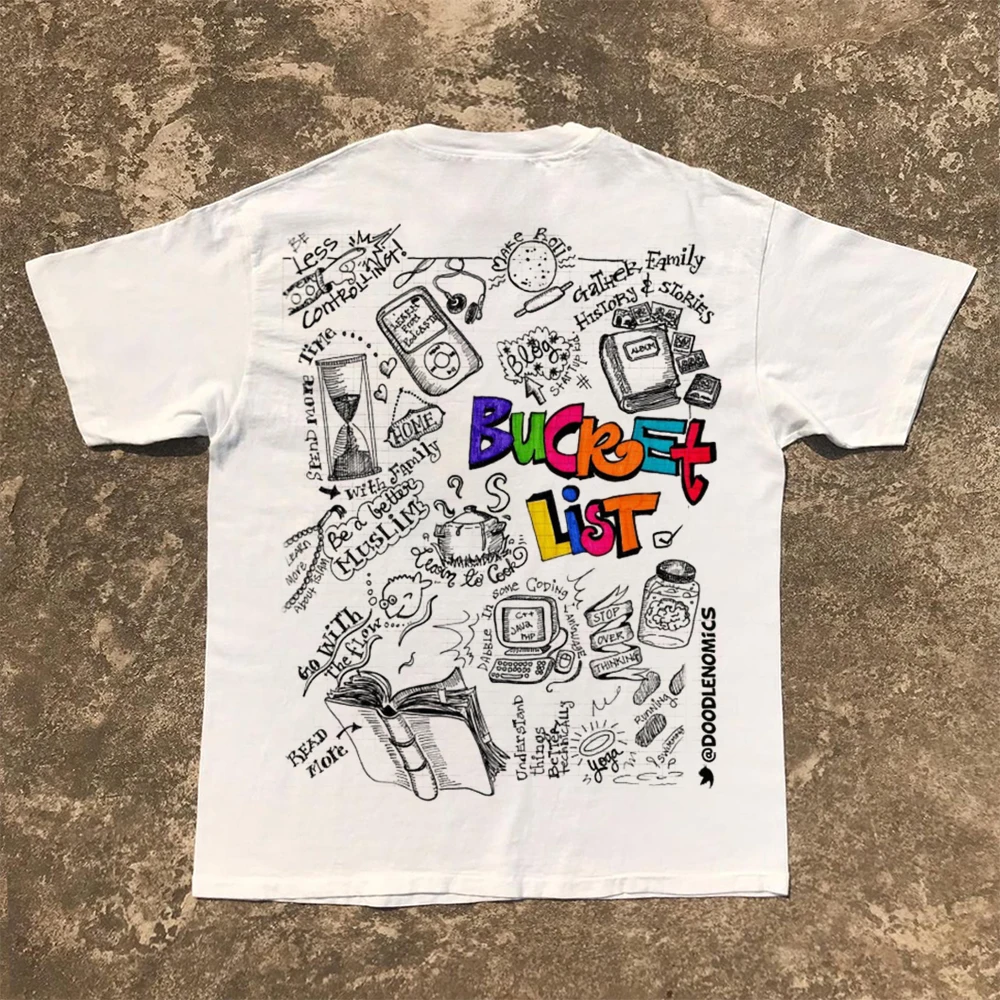 Fun  Letter Short Sleeve T-Shirt Oversize Life List Graffiti Cute Style Men's Women's Breathable Cotton Summer Tee