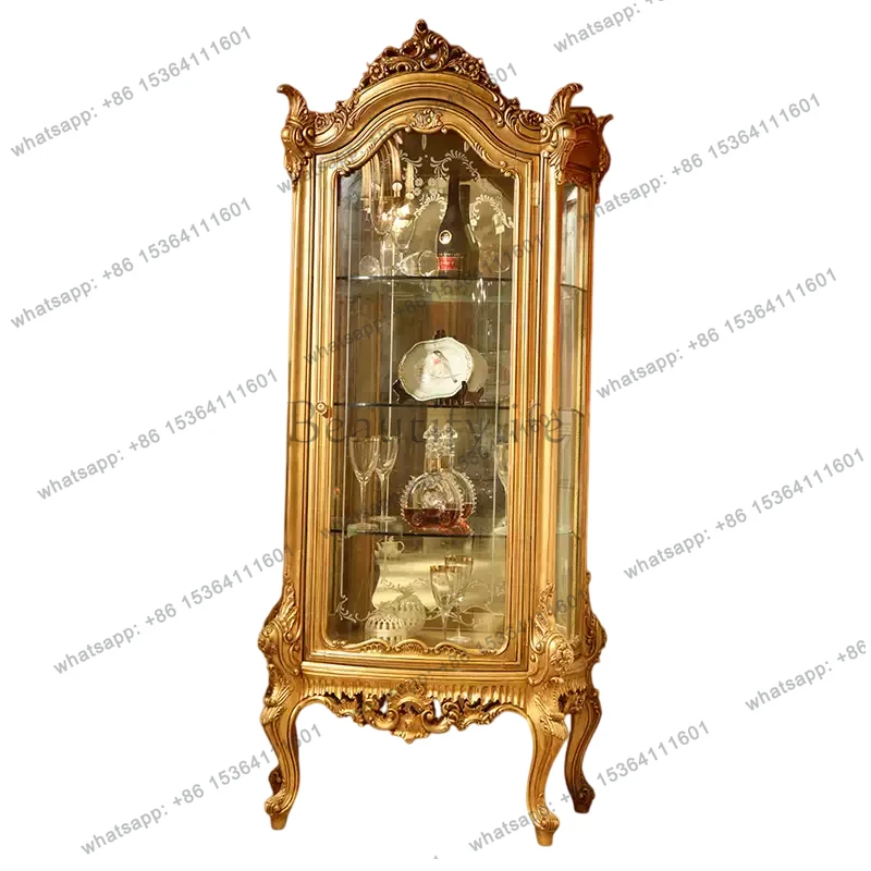 

French all solid wood hand-carved wine cabinet champagne color old glass decorative cabinet can be determined color