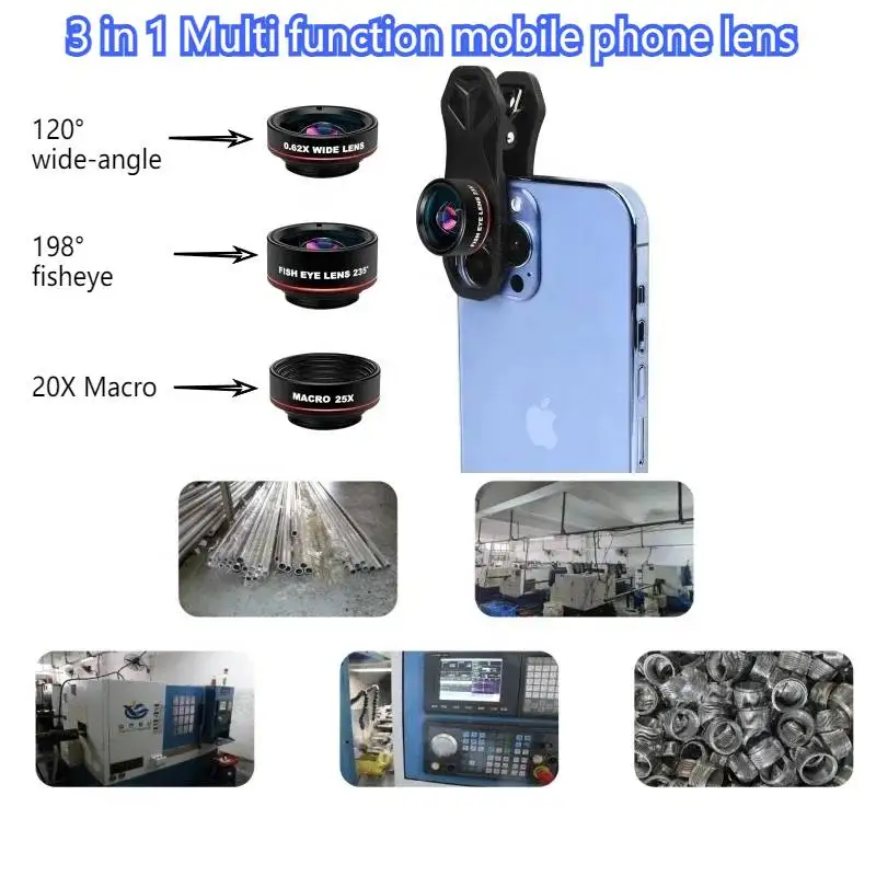

Универсальный объектив для фотосъемки телефона 3 в 1, рыбий глаз, рыбий глаз, 0,62X, широкоугольный, 25X, макрофон, HD-смартфон, объектив для камеры для iphone 12 13