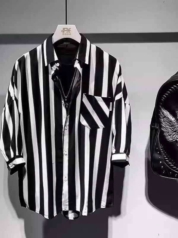 

Loose Striped irt Summer New Sle ex Long Sve Collar Regular Fit Faion Brand Clothing for Youth Daily Wear