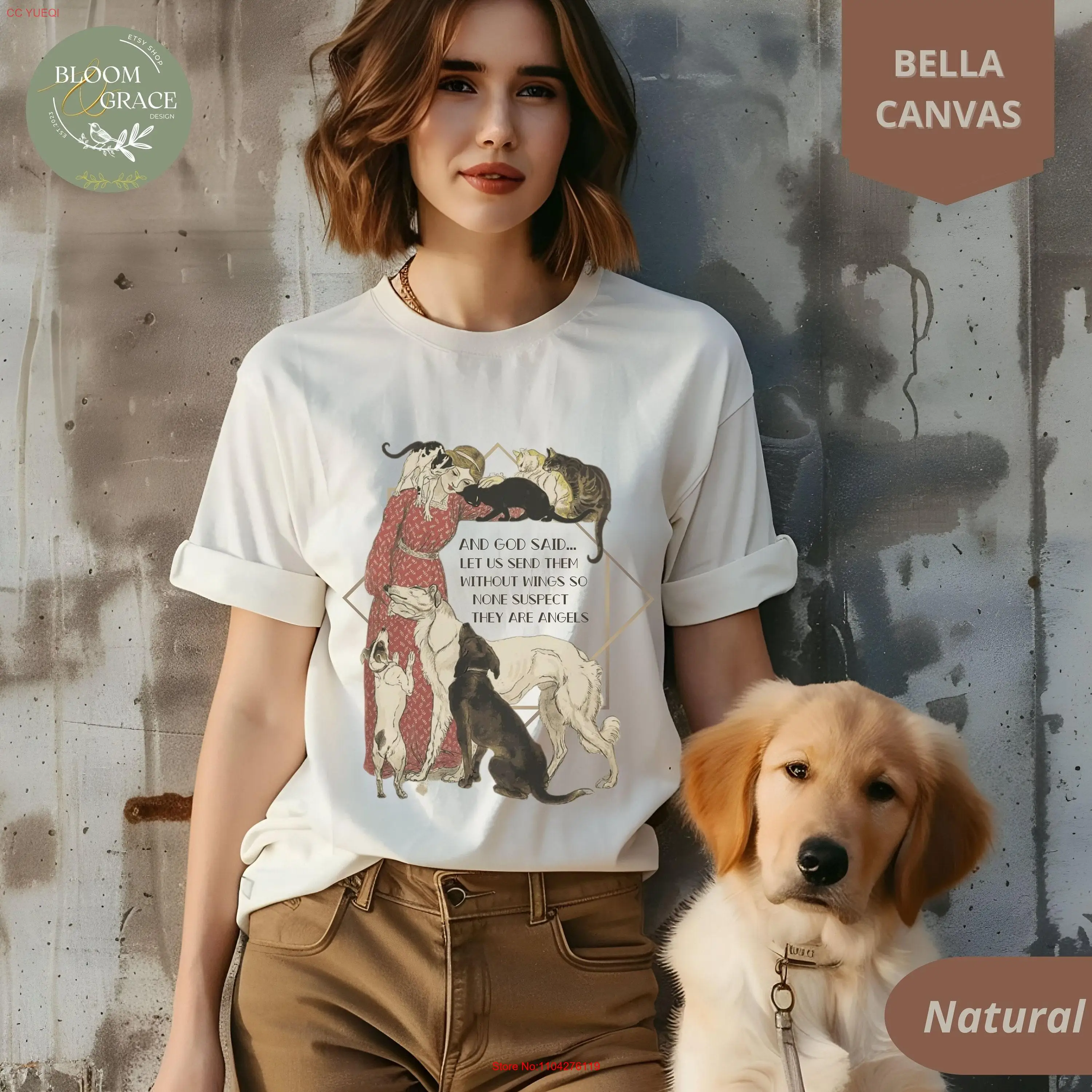 

Vintage Cat Dog T Shirt Retro Pets Christian Animal Illustration Cats and Dogs Angels Lover Mom Dad long or short sleeves