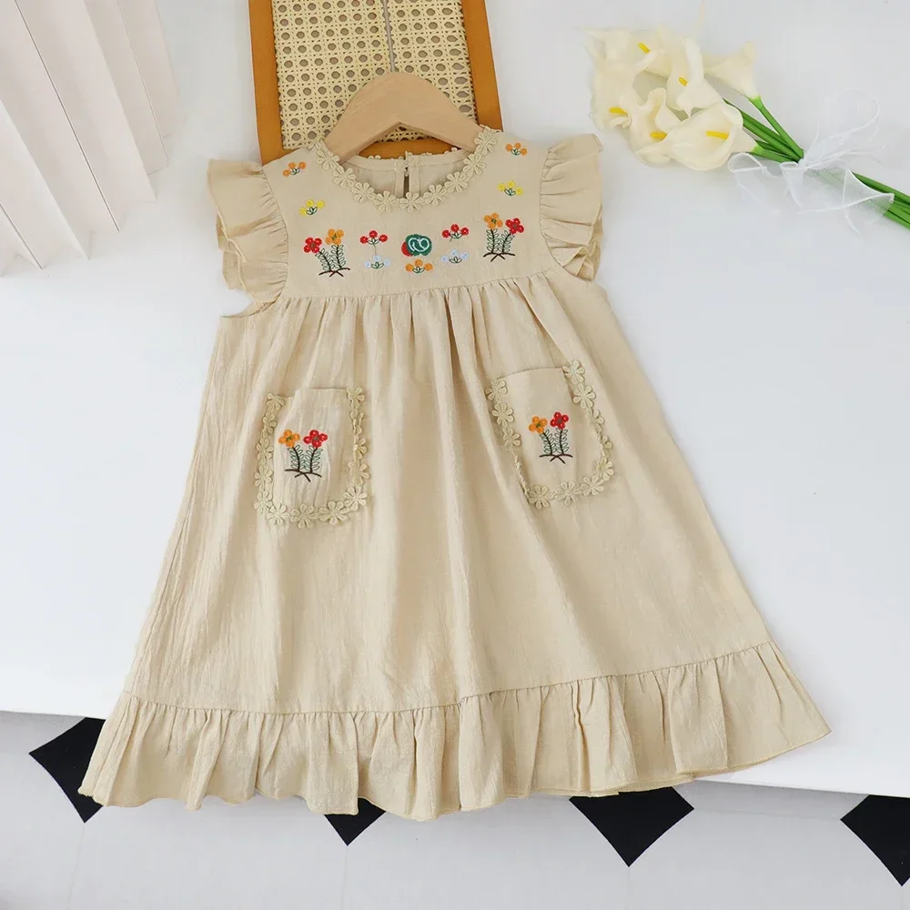 Kids Dresses for Girls Summer Khaki Embroidered Ruffle Edge Dress Sleeveless Lace Round Neck Pocket Dress Kids Clothes