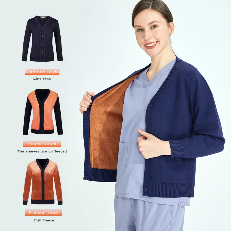 Warm Ups Women Nurse Uniforms Doctor Scrubs Dental Clinic Hospital Cardigan Sweater Men Medical Jakect with Fleece-lined MY-25