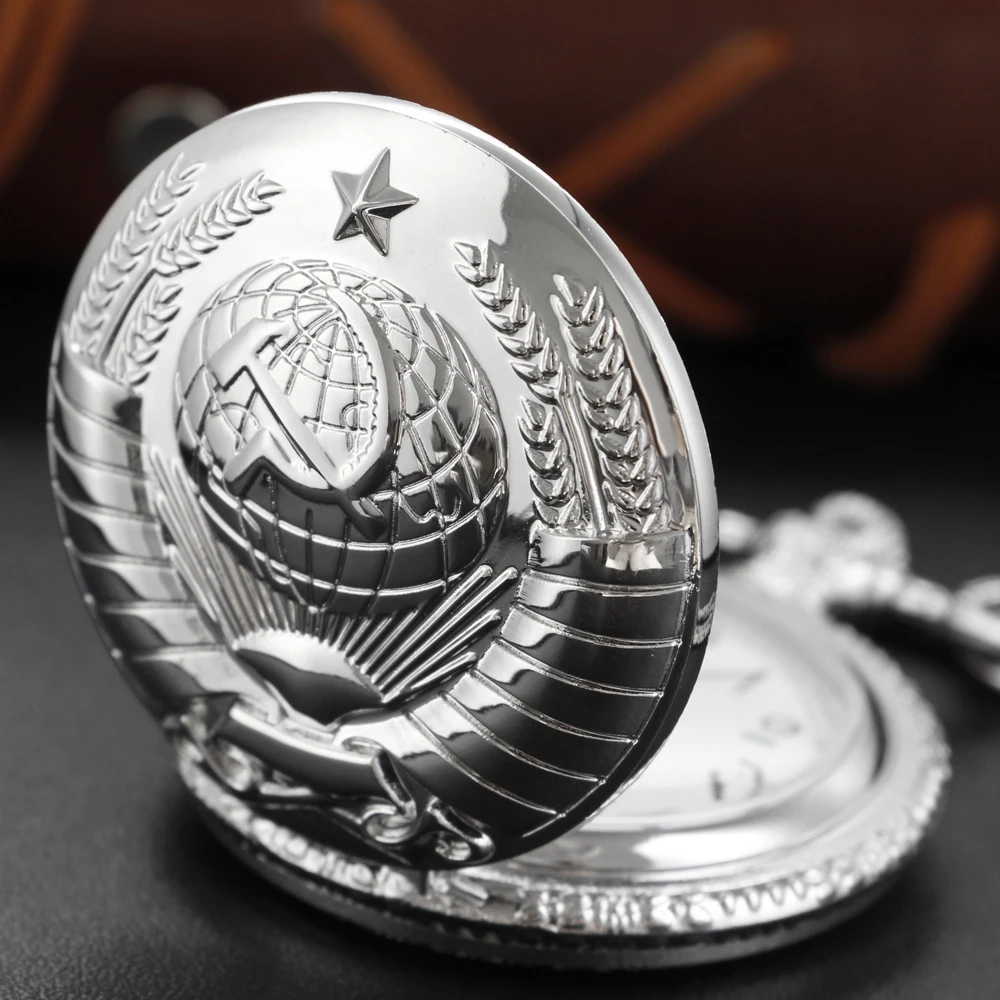 Old Age Silver Soviet Republic Party Emblem Quartz Pocket Watch Vintage Steam Punk Pendant Pendant for Men and Women Gift