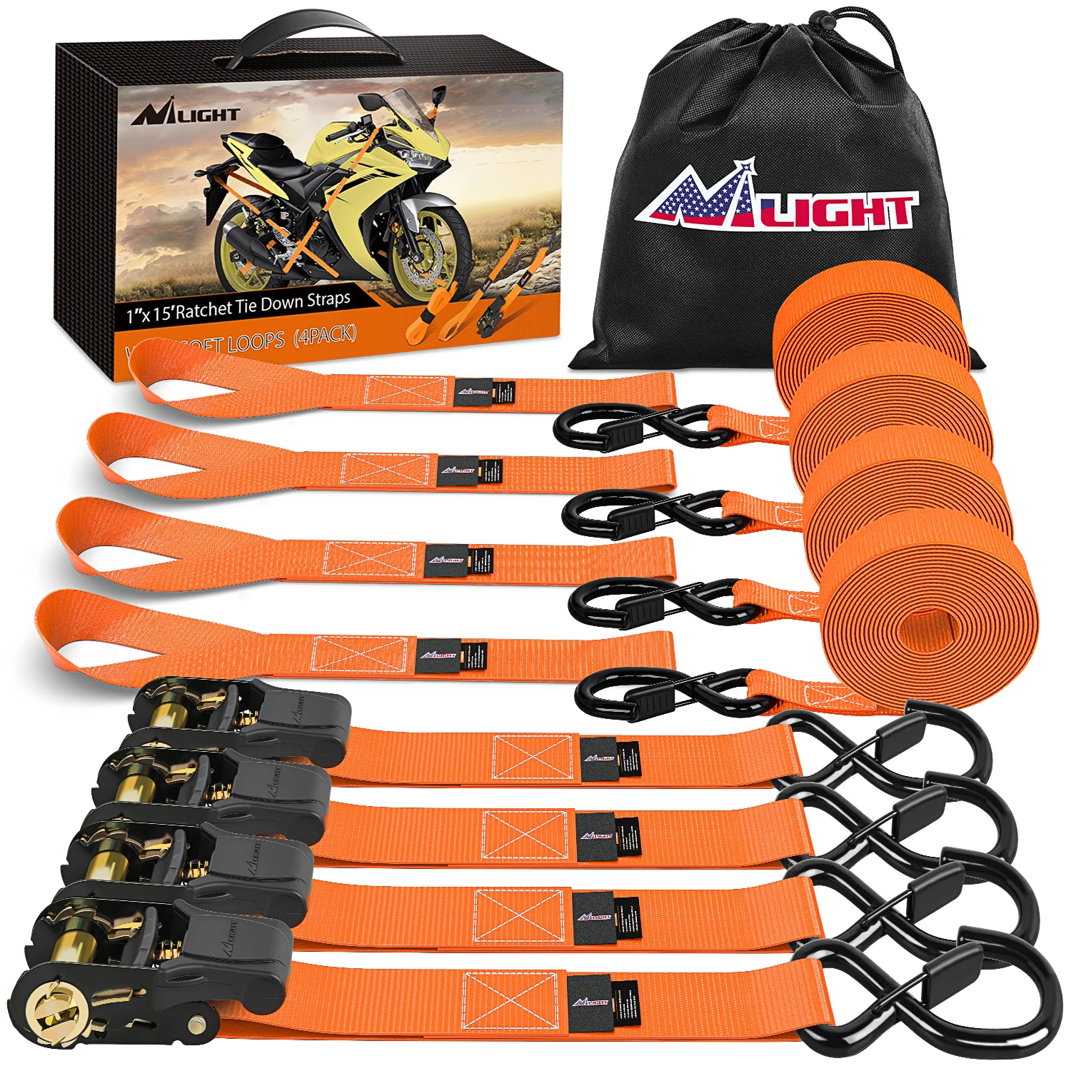 Nilight Ratchet Tie Down Straps 4500Lbs Max Break Strength 1”×15’ Heavy Duty Motorcycle Straps with S Hooks Rubber Handle and 1” ×12’ Soft Loop for UTV Motorcycle Moving Securing Cargo (Orange 4 Pack)