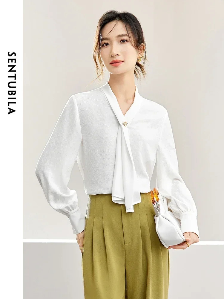 SENTUBILA Women Elegant Jacquard Chiffon Blouse 2025 Spring Summer Bow Shirt Pullovers Long Sleeve Office Ladies Tops 141V53328