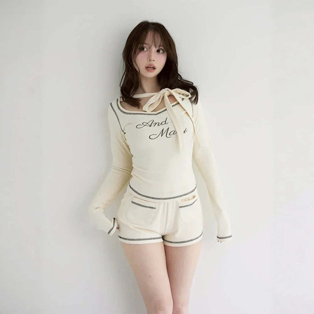 Japanese Girls Sweet Fashion Shorts Set 2025 New Autumn Women's Slim Fit Knitted Long Sleeve Pullover and Shorts 2-Piece Set