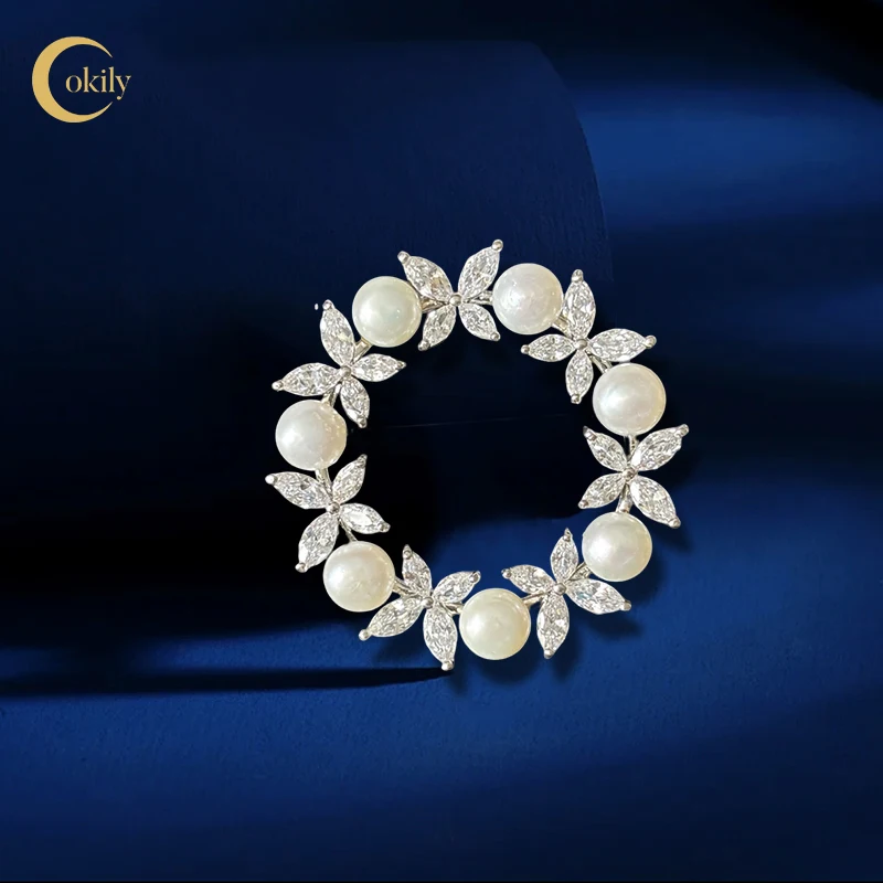 OKILY Luxurious Handmade Freshwater Pearl Circle Brooch Pin Elegant Geometric Zircon Broche for Women's Scarf Buckle 2024